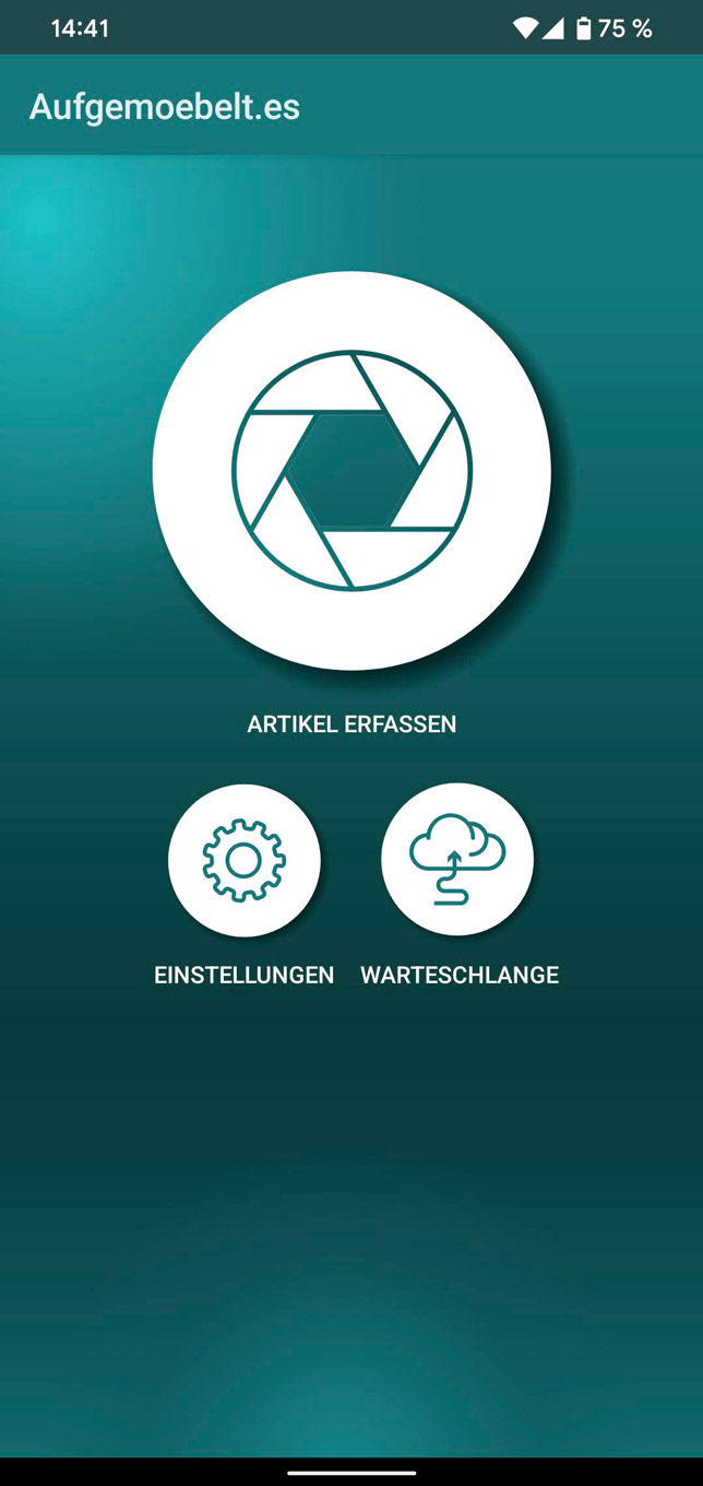 Screenshot von dem Aufgemoebelt.es-App Startbildschirm