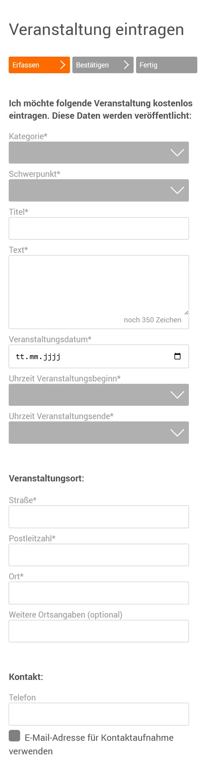 Screenshot Frontend Flohmarktfinder: Termin eingeben