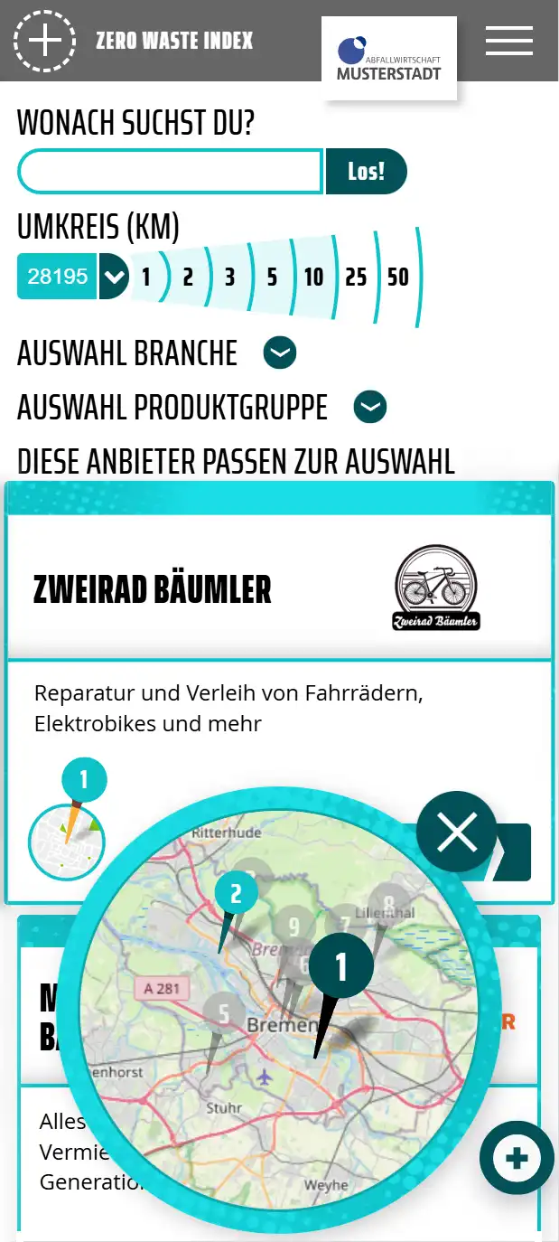 Screenshot der Zero-Waste-Index Listenansicht des Leih- und Mietindexes