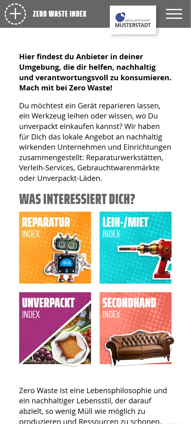 Screenshot vom Zero-Waste-Index Startbildschirm